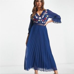 ASOS DESIGN Lace Insert Pleated Midi Embroidered Navy Blue Dress Size 12